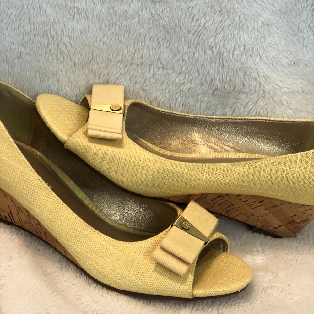 Etienne Aigner Yellow Fabric Wedge Open Toe Bow